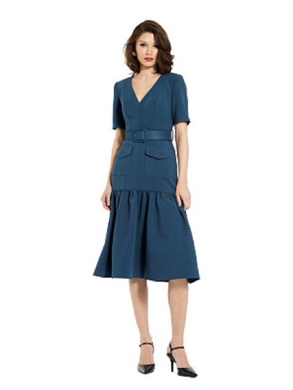 NWT Women's Crepe 3/4 Sleeve Belted and Pocketed Midi Dress